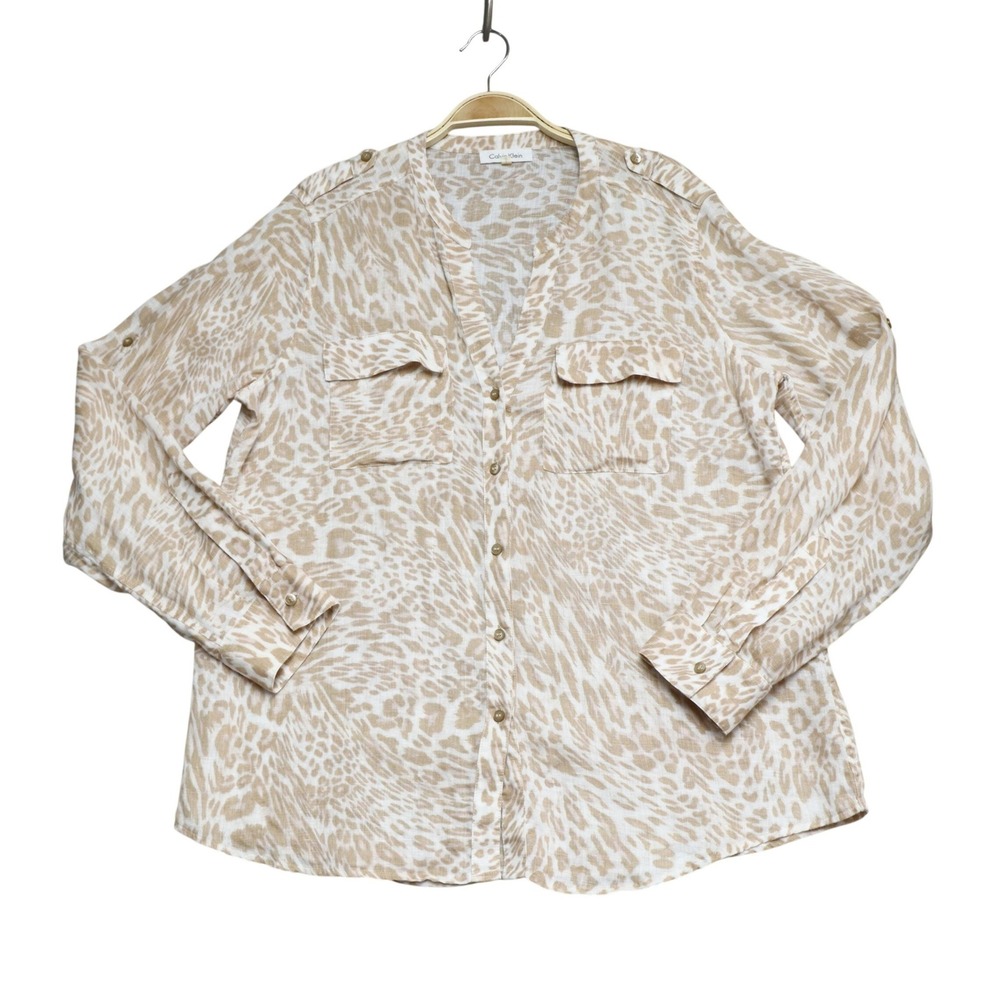 Calvin Klein Linen Animal Print Button Up Shirt L Neutral Beige Safari Pockets